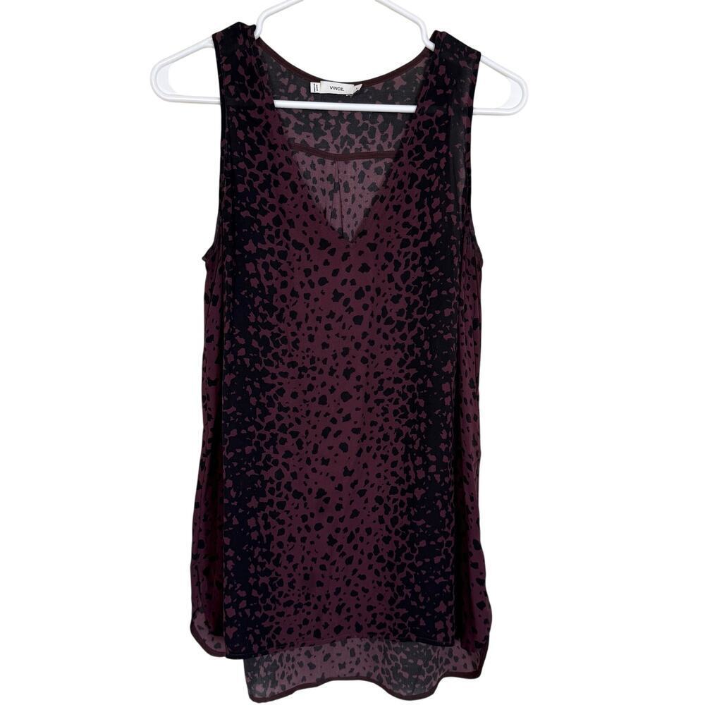Vince Leopard Print 100% Silk Sleeveless Tunic Black Brown Medium